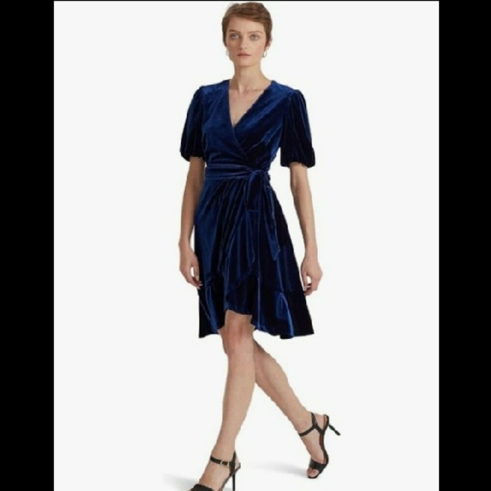 Ralph Lauren Blue Velvet Wrap Ruffle Dress Sz 18